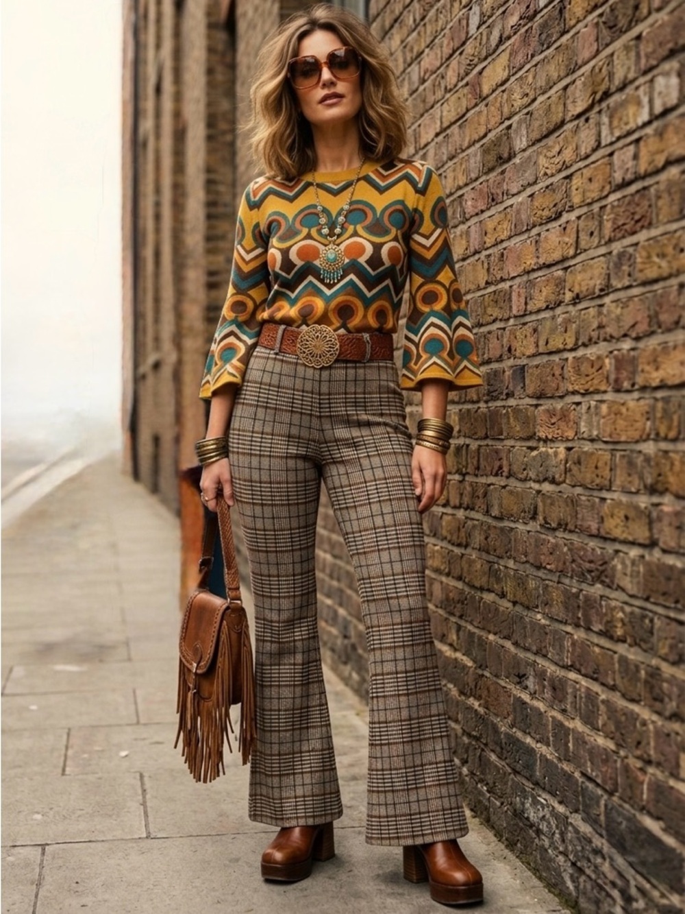 Abercrombie 70s Retro Plaid Flare Pants Vintage Revival Pull On Knit Trousers S